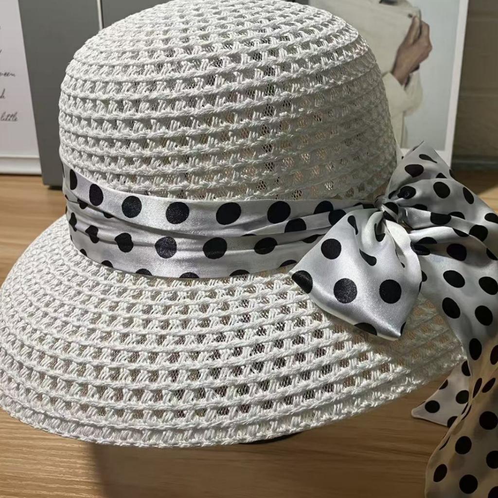 Elegant polka dot bow dome female Hepburn spring summer beach hat sunshade sunscreen straw sun hat