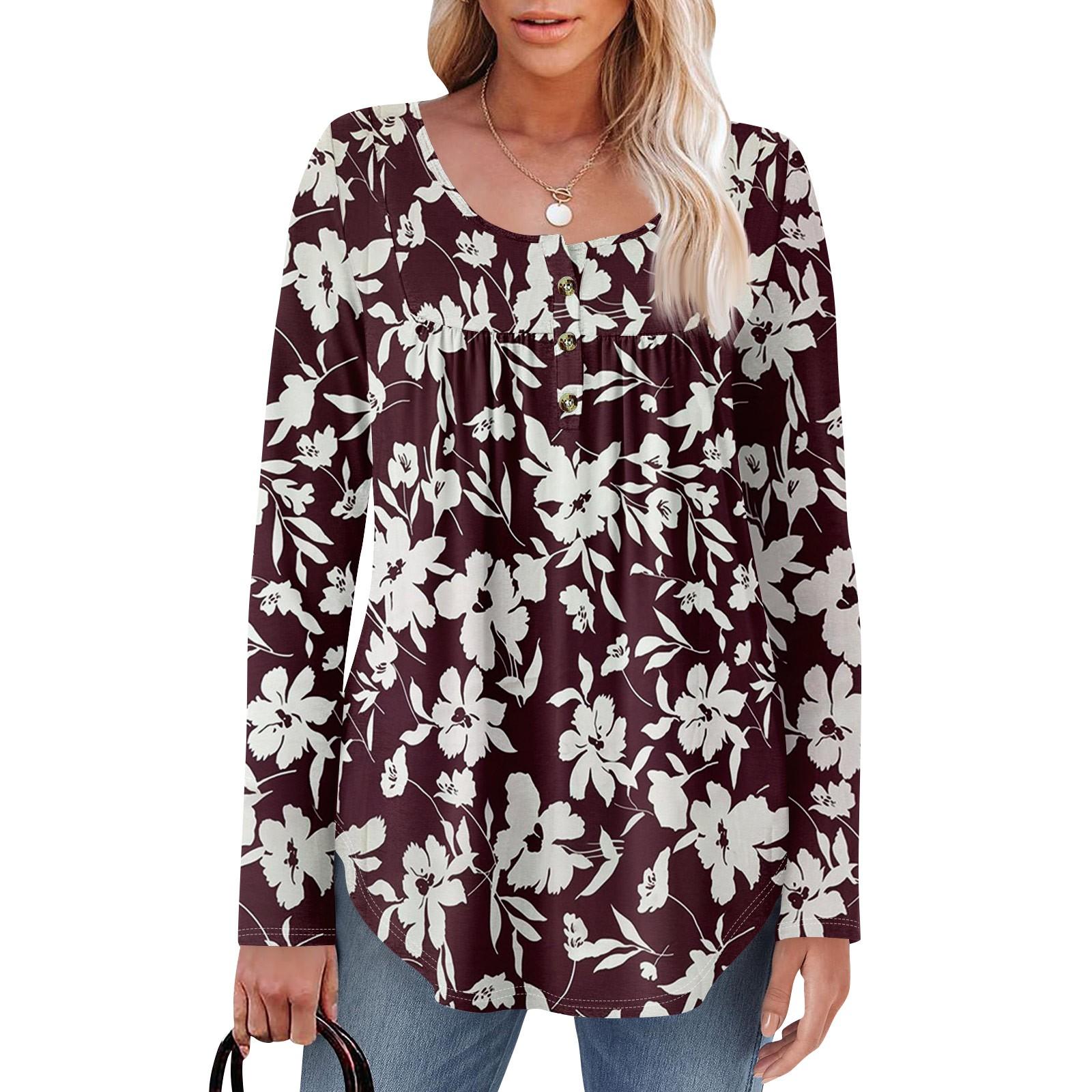 

Женская туника с длинным рукавом, свободные топы, повседневные топы оверсайз, плиссированная туника, застегивающаяся на пуговицы, повседневные женские топы с принтом XL винный