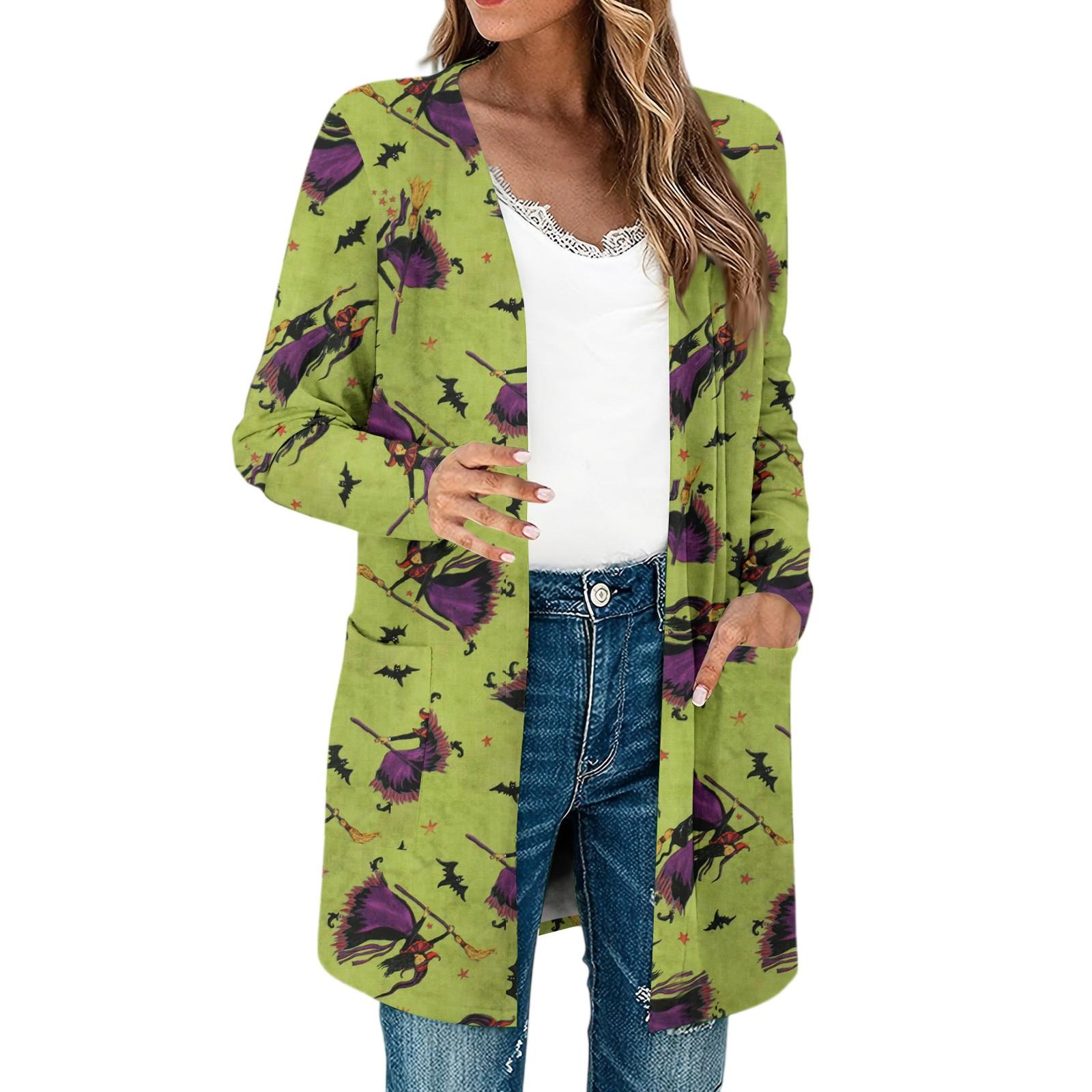 

Женские легкие кардиганы с длинным рукавом и открытой передней частью, легкое винтажное пальто с длинным рукавом и принтом, с карманами XL зелёный