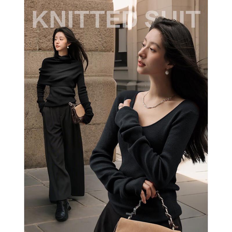 Women s Asymmetric Cuff High-Neck Knit Sweater & Shawl Set M