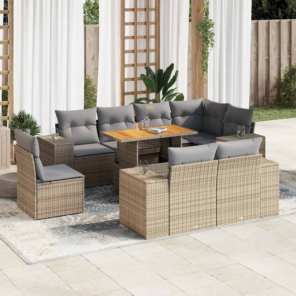 Vidaxl 9-Cz. Garden Furniture Set With Cushions, Beige, Poly Rattan