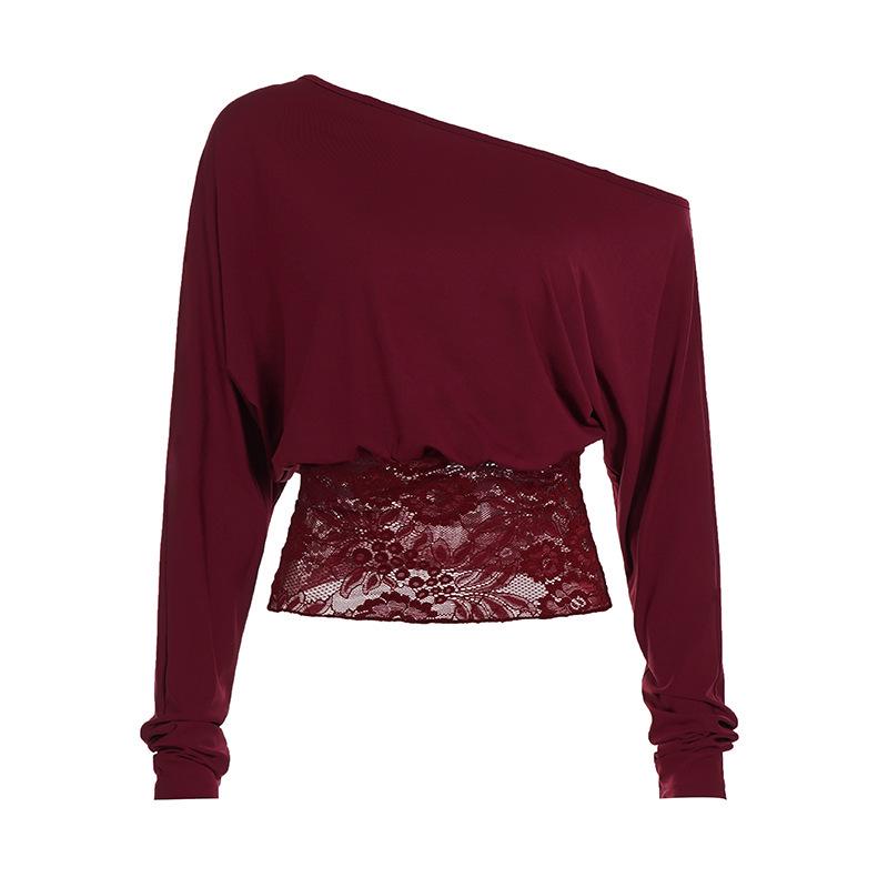 European & American One-Shoulder Lace Patchwork See-Through Cropped T-Shirt