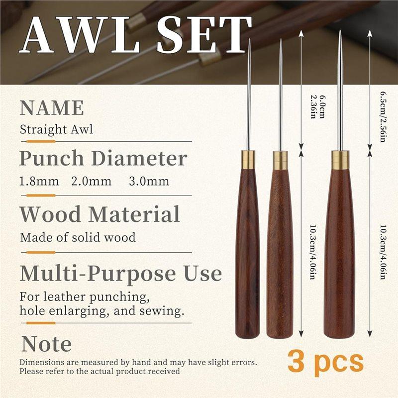 A84E-Leather Sewing Awl With Wooden Handle, 3 Sizes Scratch Awl Tool For DIY Craft, Leather Punching Stitching