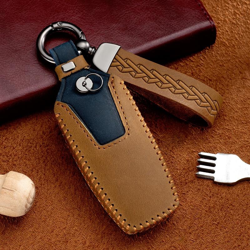For Hyundai Genesis Crazy Horse Leather Car Key Cover Case G80 GV70 GV80 2019 2020 Remote Key Holder Car Accessories Keychain