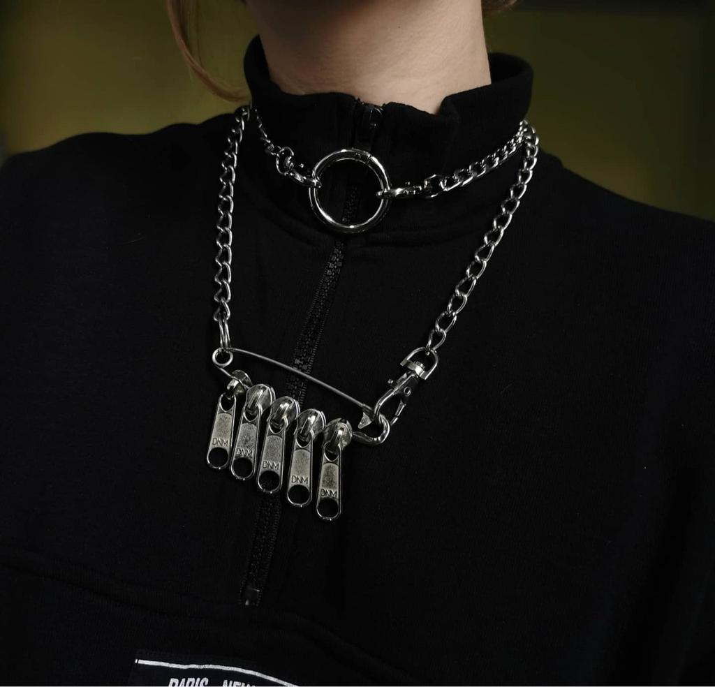 Harajuku Safety Pin Zipper Pull Choker, Dark Hip Hop Multi-loop Layered Necklace