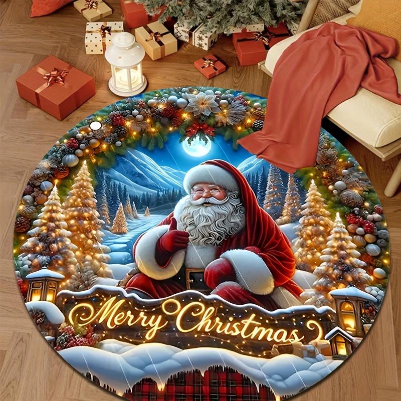 1Pcs Christmas Santa Print Round Area Rug Indoor Non-Slip Washable Fiber Carpet Soft Comfortable Mat For Bedroom Living Room