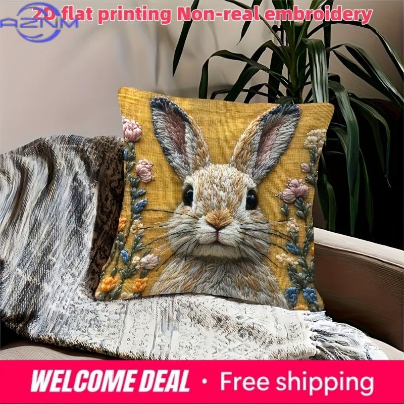 Adorable 2D Flat-Printed Bunny Embroidered Pillow Cover For Cozy Decor Sofa Cushion Cover, Home Decoration, 2D Printing