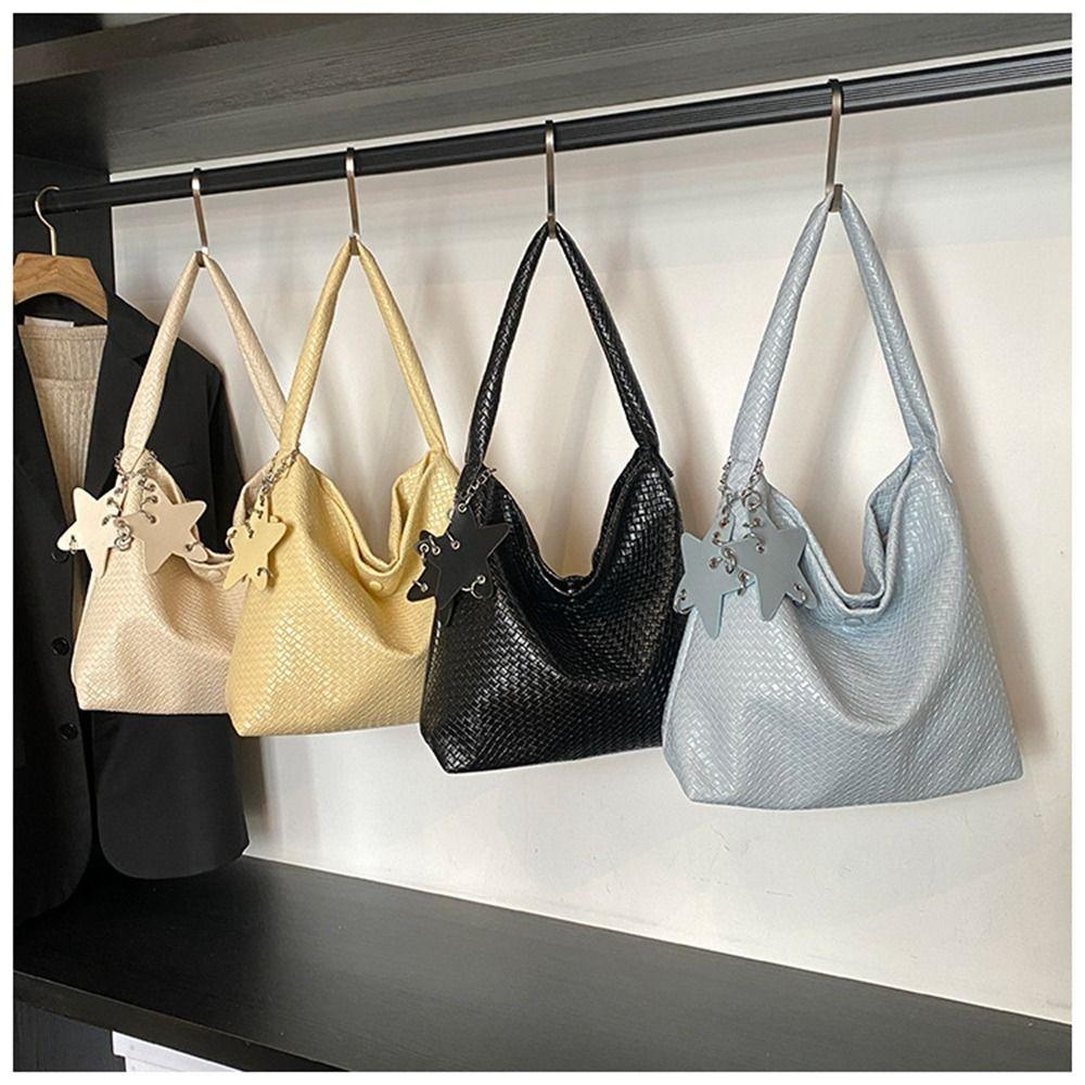 Large Capacity Weave Tote Bag Bucket Bag Silver Shoulder Bag Casual Pu Handbag  Students
