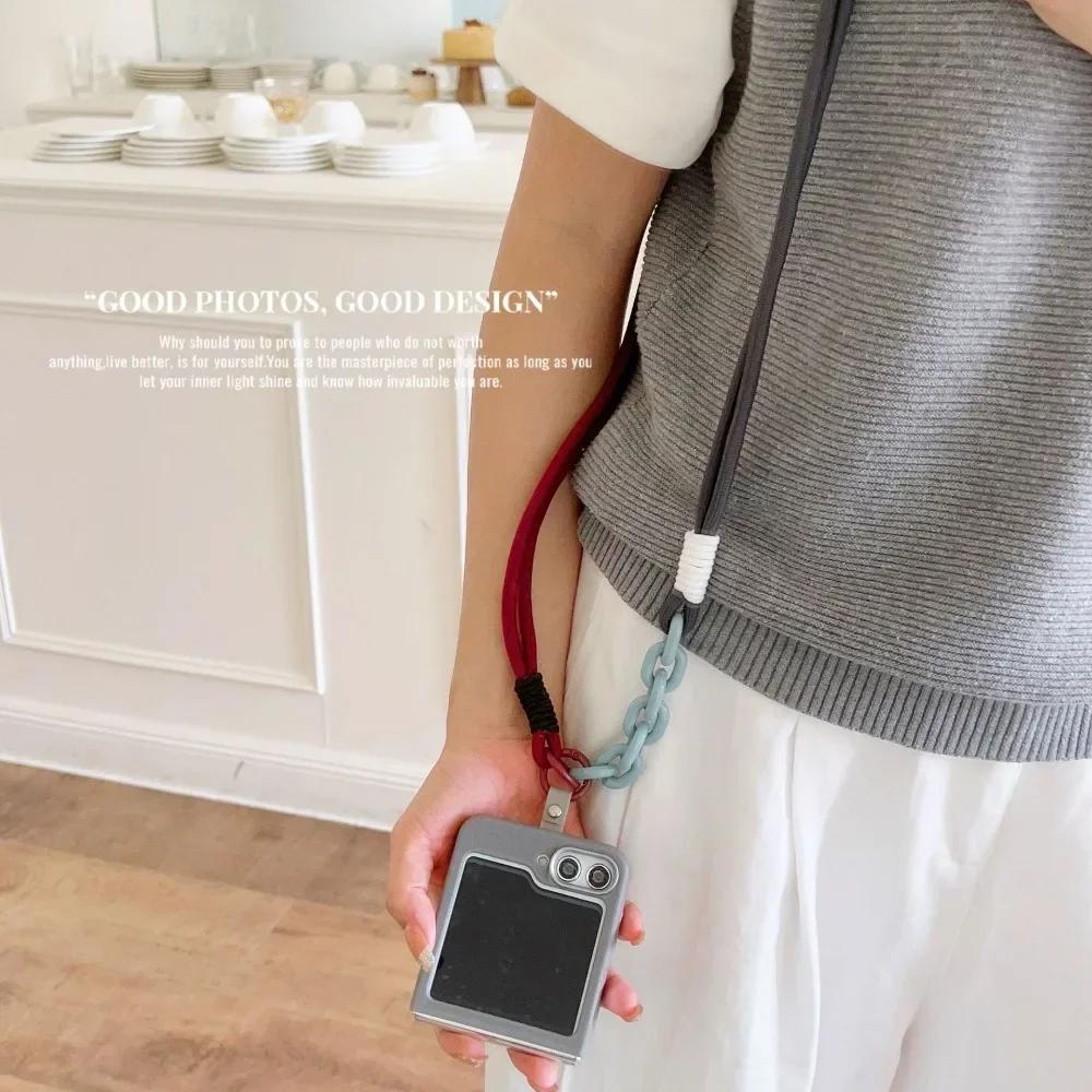 Simple Plain Leather Pattern Crossbody Lanyard Phone Case for Samsung Z Flip 6 5 4 3 Flip6 Flip5 Flip4 Flip3 5G Protective Cover