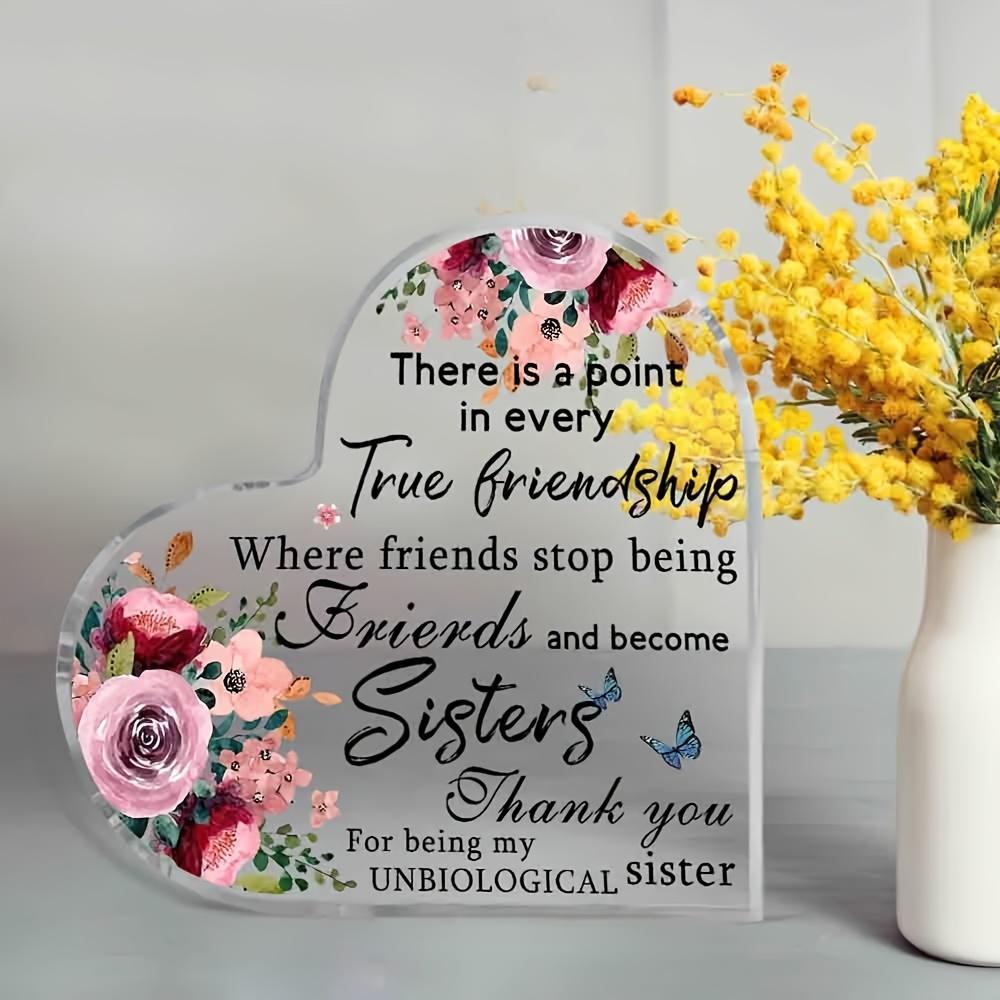 Heart-Shaped Sisterhood Keepsake - Pink & Red Roses Acrylic Plaque with "True Friendship To Sisters" Message, Unbiological Sister Gift for Birthday,