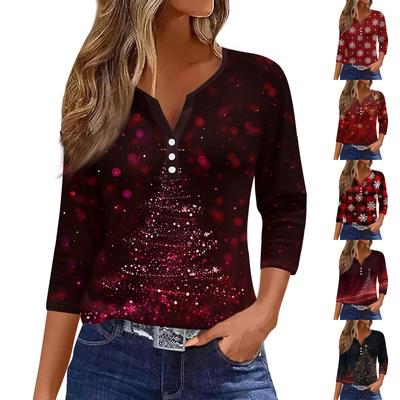 Women's Fashion Casual Christmas Tree Print V-Neck Decorative Button Three-Quarter Sleeve T-Shirt Top