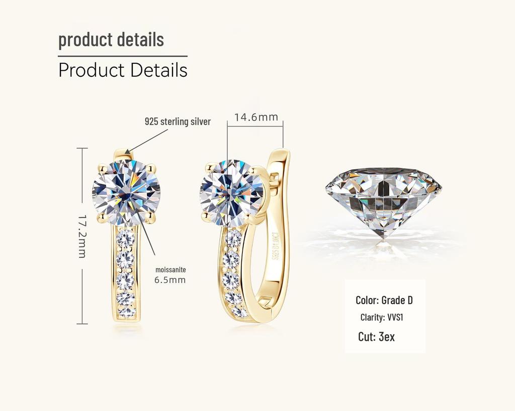 High-End Moissanite Earrings: Korean & Japanese Inspired Sterling Silver Ear Cuffs, Micro-Paved Niche Design for Women