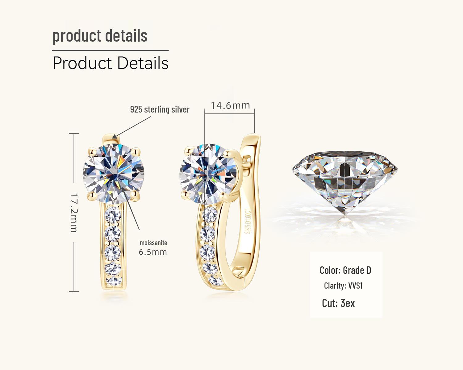 

Серьги с муассанитами высокого класса: Вдохновленные корейским и японским стилем серебряные каффы, микропаве, нишевый дизайн для женщин 1 Carat + 1 Carat золотой