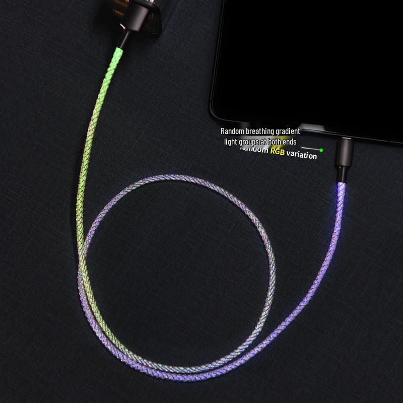 

RGB 66 Вт Быстрая зарядка Кабель для передачи данных с 6 А Семицветной текущей подсветкой для Apple и Huawei RGB Type-C to Type-C