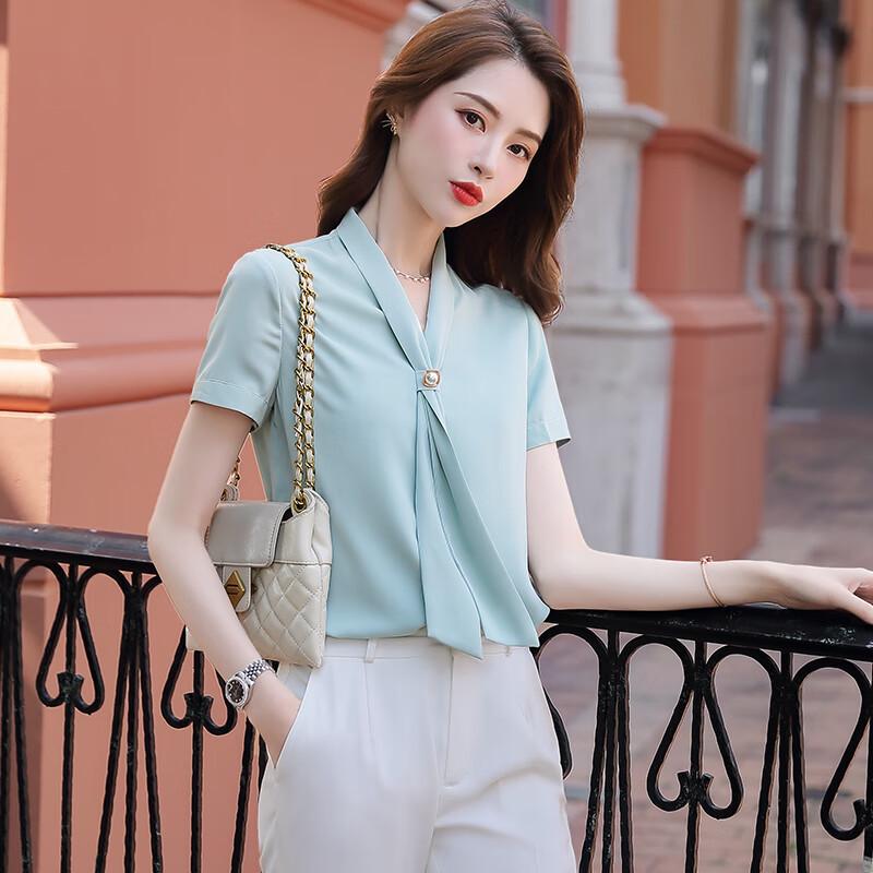 Women's Korean Style Short Sleeve Tie-Neck Blouse
