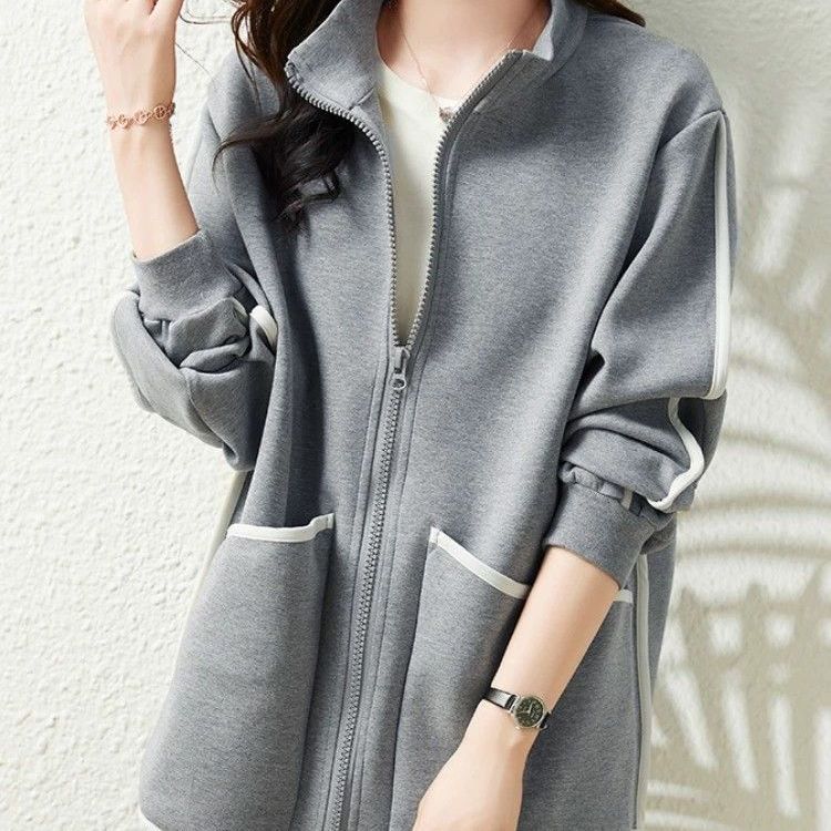 

Уютная флисовая куртка с воротником-стойкой, женская, свободного кроя, из чистого хлопка, с цветными блоками, на молнии, с карманами, свитер XXL серый