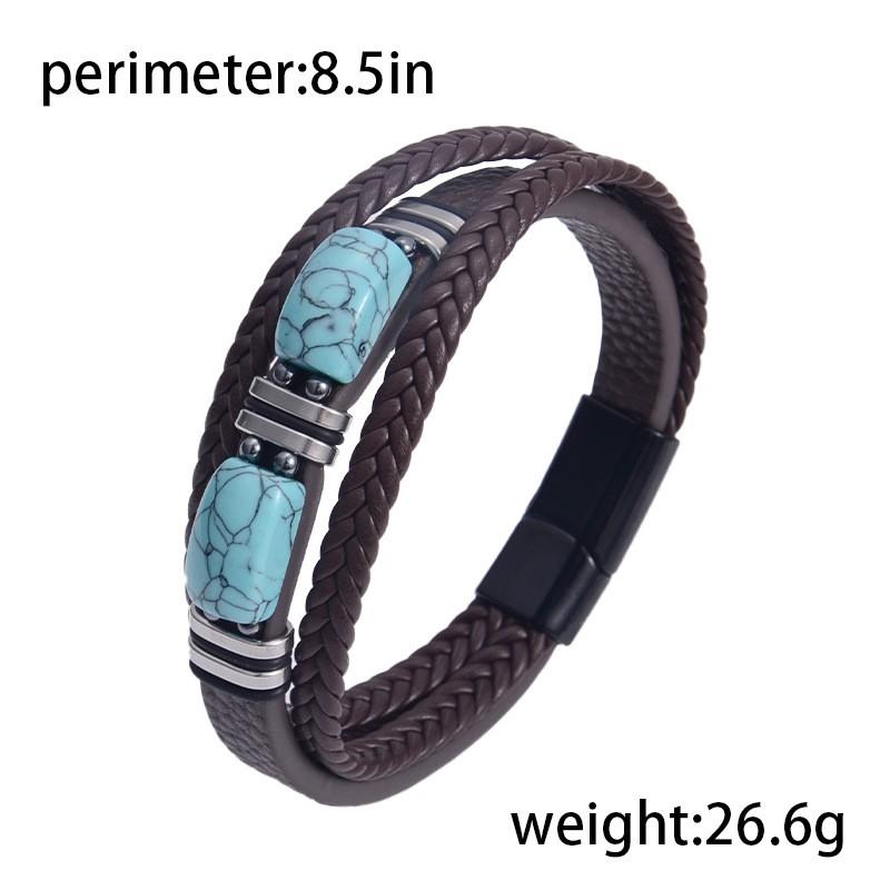 Stainless Steel Leather Bracelet Trendy Faux Turquoise Woven Jewelry Men
