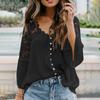 Womens Fashion Hollow Lace Stitching V-neck Flared Long Sleeve T-Shirt Tops