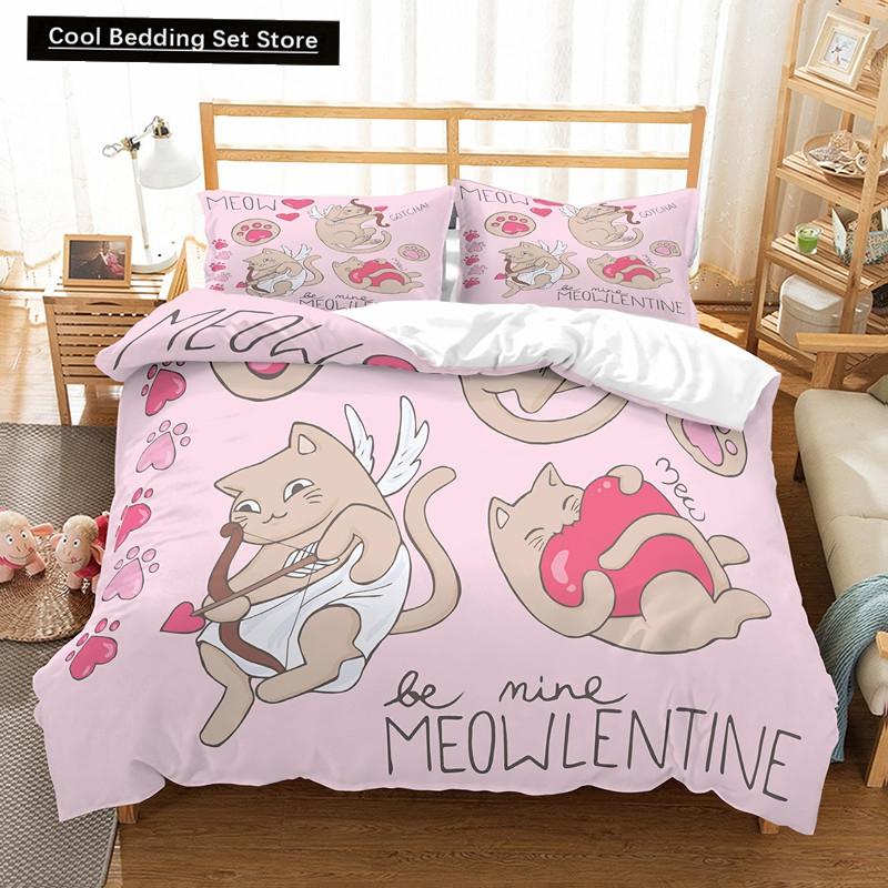 Katze Blumen König Königin Bettbezug Cartoon Kitty Floral Bettwäscheset für Kinder Niedliche Tiere Schwarz 2/3-teilig Polyester Steppdeckenbezug
