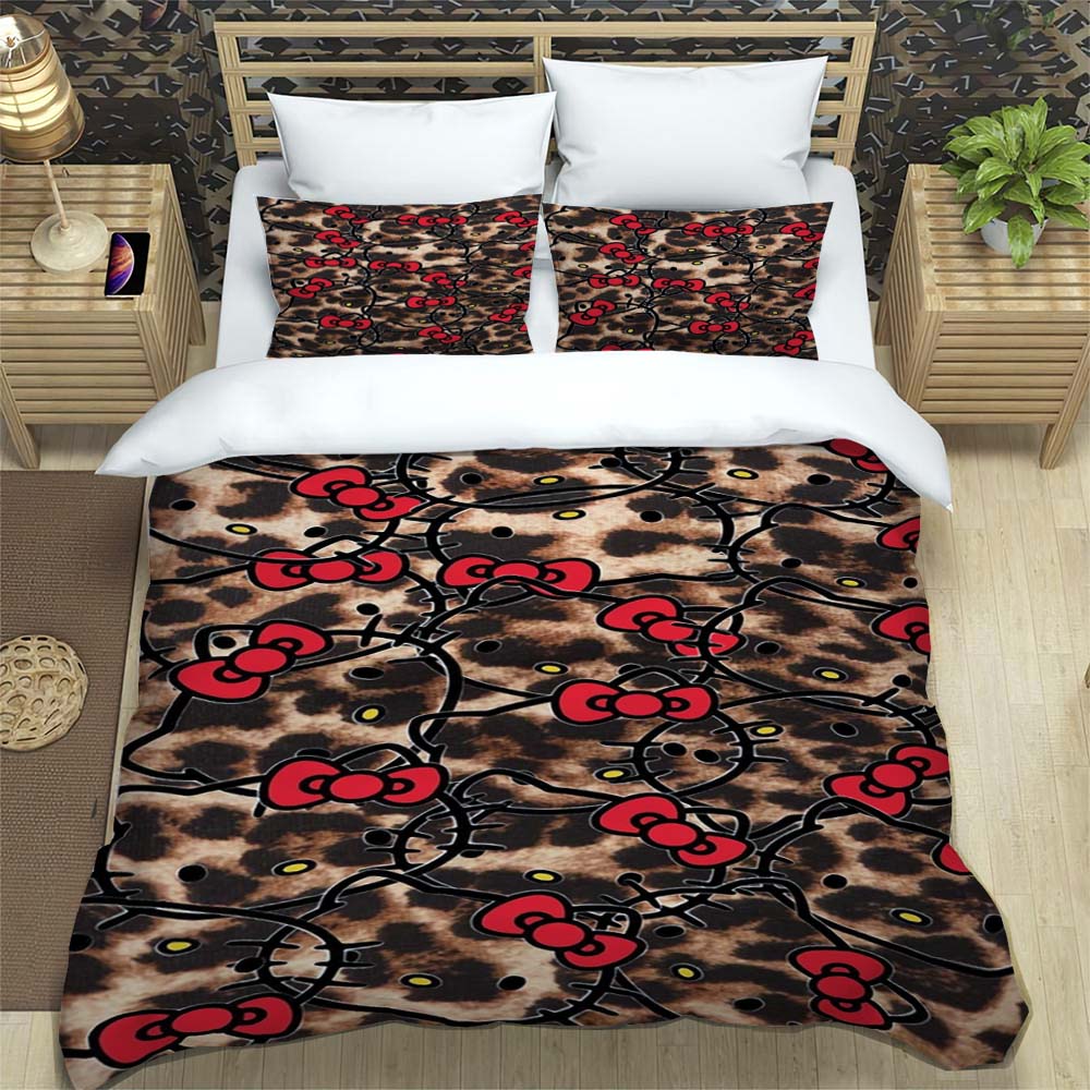 3D Printed Cartoon Leopard Print Hello Kitty Duvet Cover and Pillowcase Set - Home Decor, Creative Plus Size Bedding Set, 01