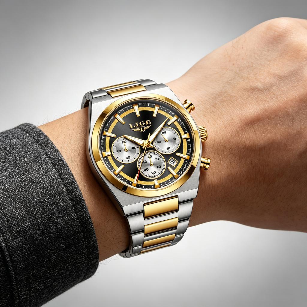 LIGE Chronograph Man Watch Fashion Business Quartz Wristwatches Waterproof Stainless Steel Luminous Auto Date Mens Watches