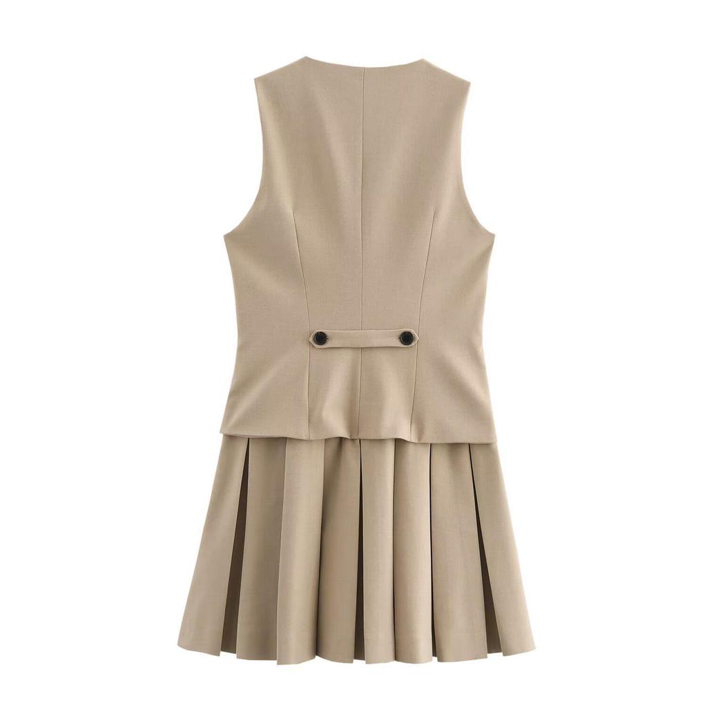 2024 Autumn Women's European & American Style Pleated Striped Vest Dress