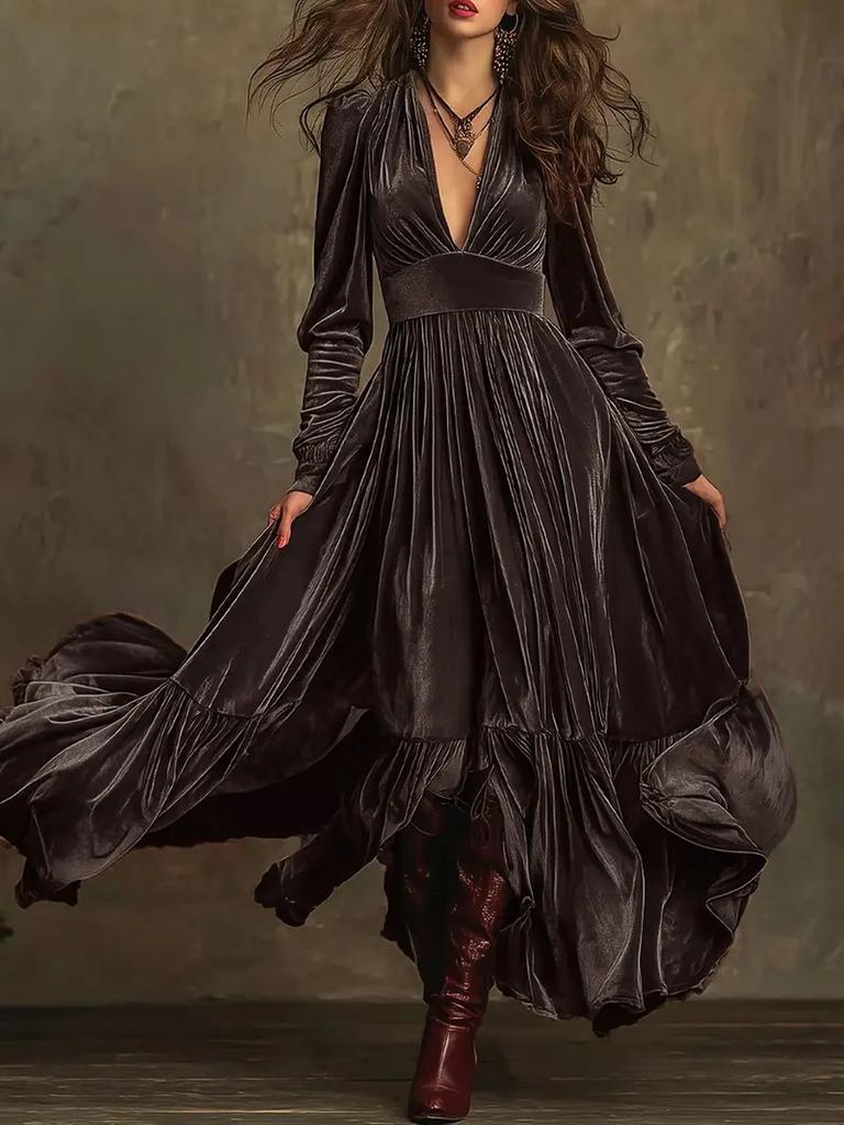 Sammet Dam Elegant Vintage Golvlång A-linje Djup V-ringning Långärmad Maxiklänning