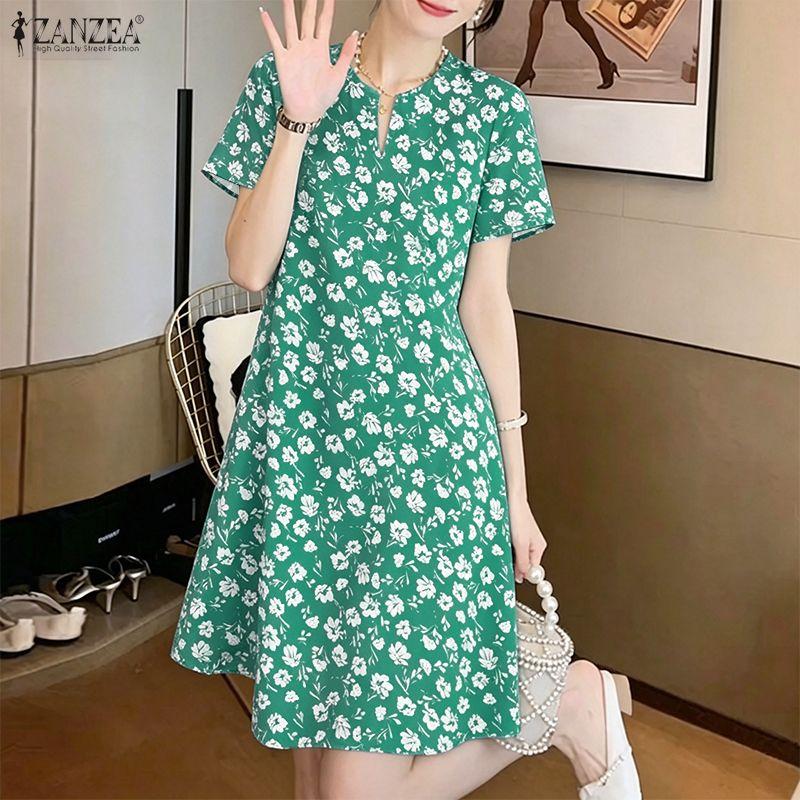 ZANZEA Women V-Neck Loose Summer Casual Floral Print Short Sleeve Dress
