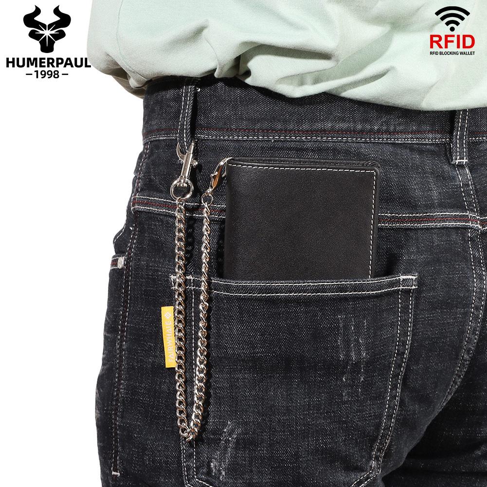 Humerpaul Συσκευασία συσκευασίας δώρου Γνήσιο δέρμα Ανδρικό πορτοφόλι Rfid brush slim card bag Αντικλεπτική αλυσίδα