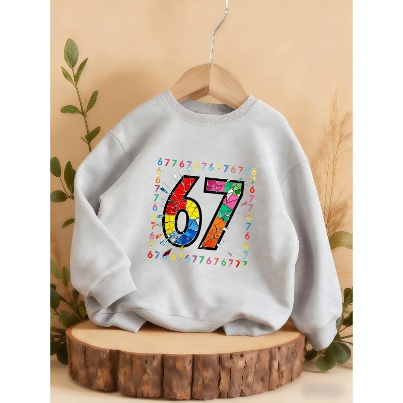 Kids Unisex Crewneck Sweatshirt, Color Broken Glass Mosaic 67 Number Frame Print Long Sleeve Pullover, Soft Sweatshirt for Boys Girls Over 4 Years Old
