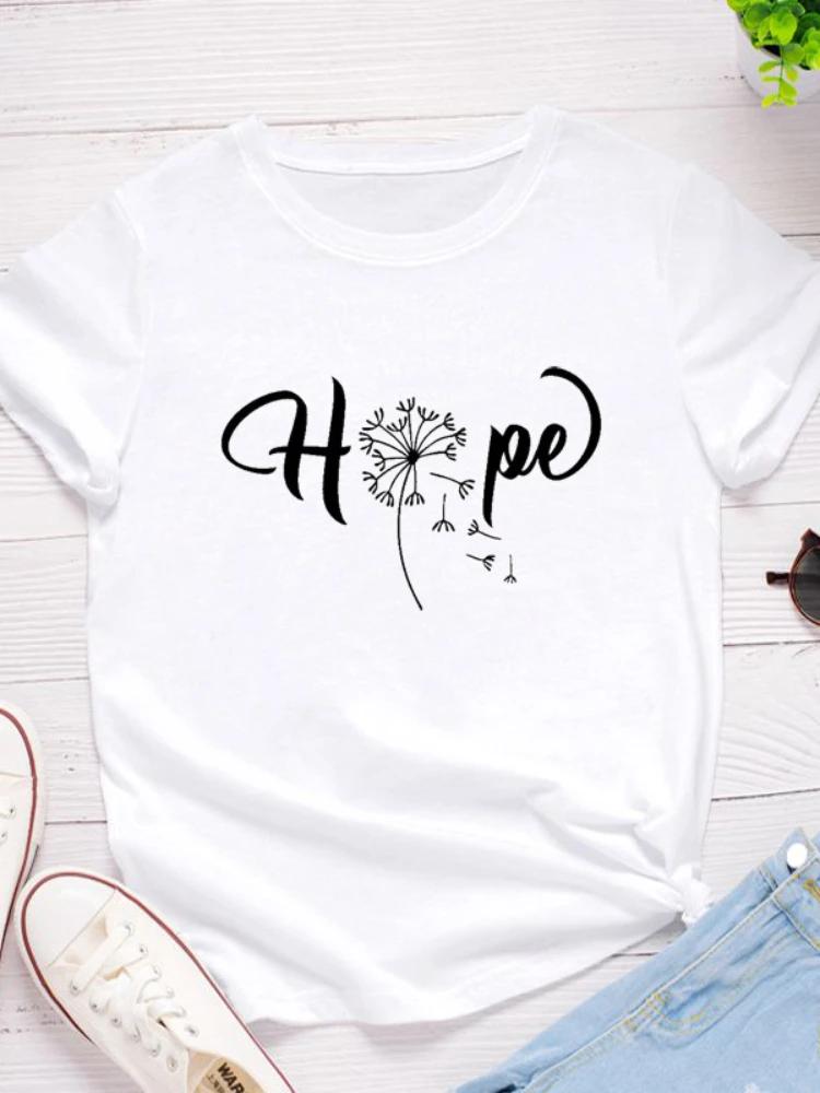 Dandelion Hope Letter Print Women T Shirt Short Sleeve O Neck Loose Women Tshirt Ladies Tee Shirt Tops Clothes Camisetas Mujer