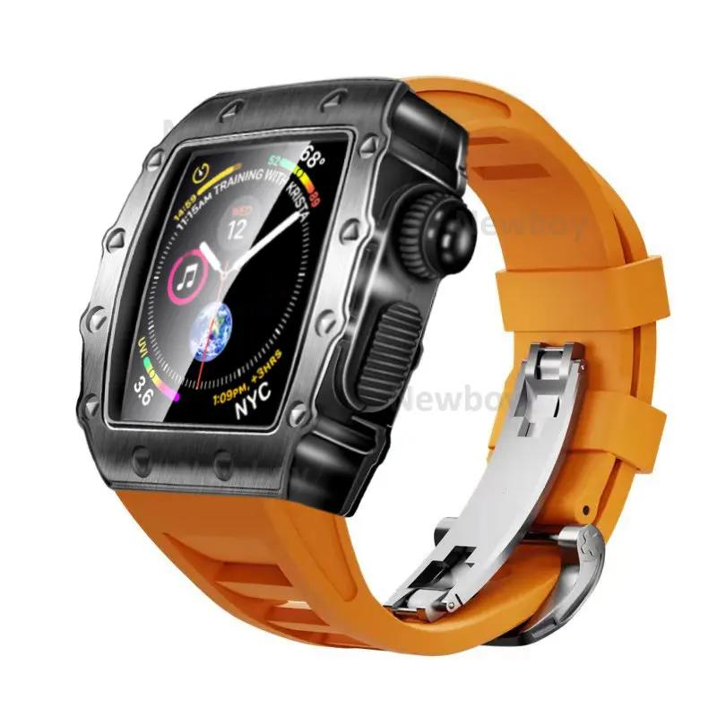 Men Case Strap for Apple Watch Series 8 7 41mm 45mm Rubber Sport Band for iWatch 6 5 4 SE 40 44mm Luxury Metal Modification Kit