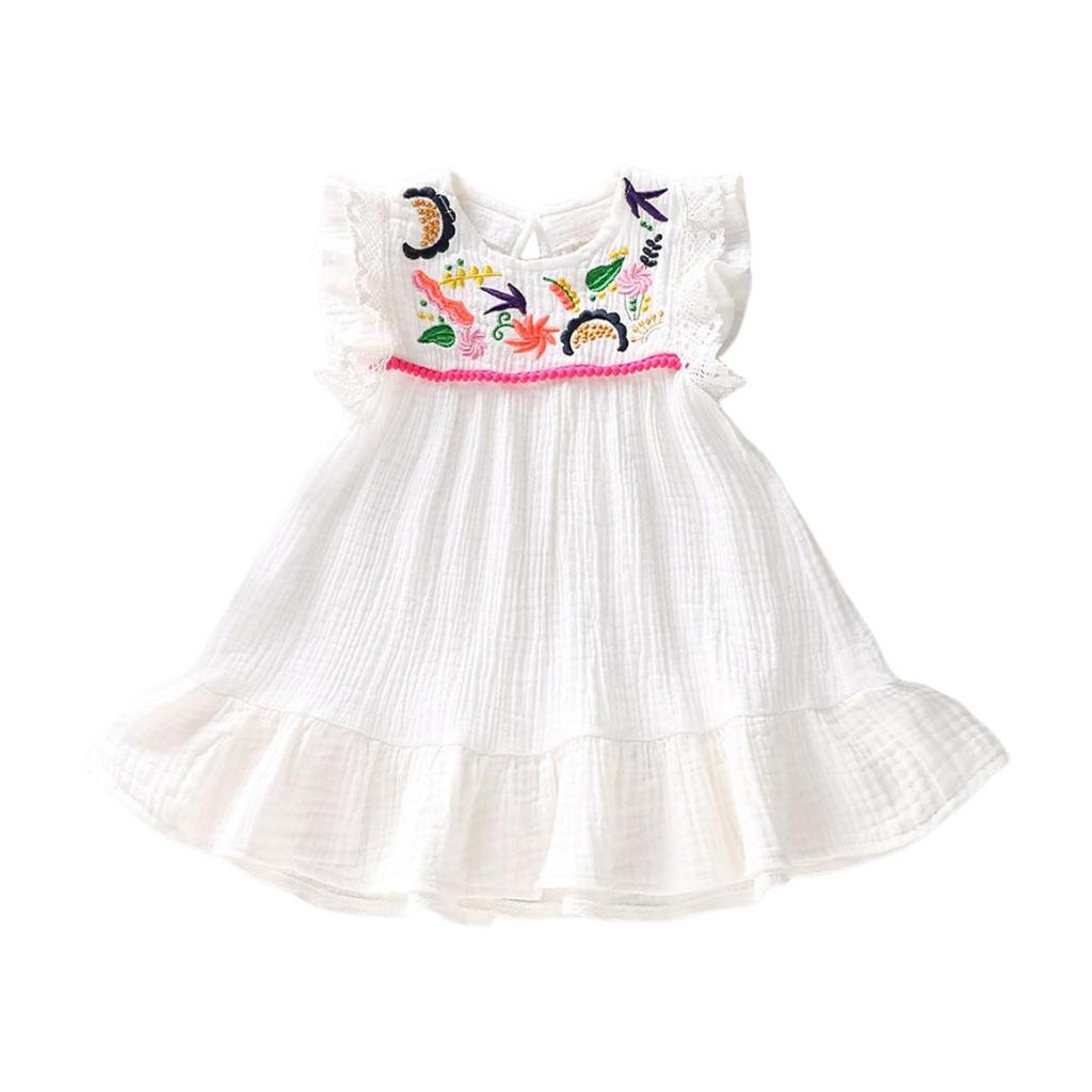 Infant Baby Girls Cotton Linen Dresses Pleated Short Sleeve Delicate Embroidery Swing White Dress Summer Leisure Dress