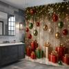 Festive Christmas Shower Curtain With Lights Ornaments Gift Boxes Pine Tree Design Waterproof Easy To Install Non-Toxic Material