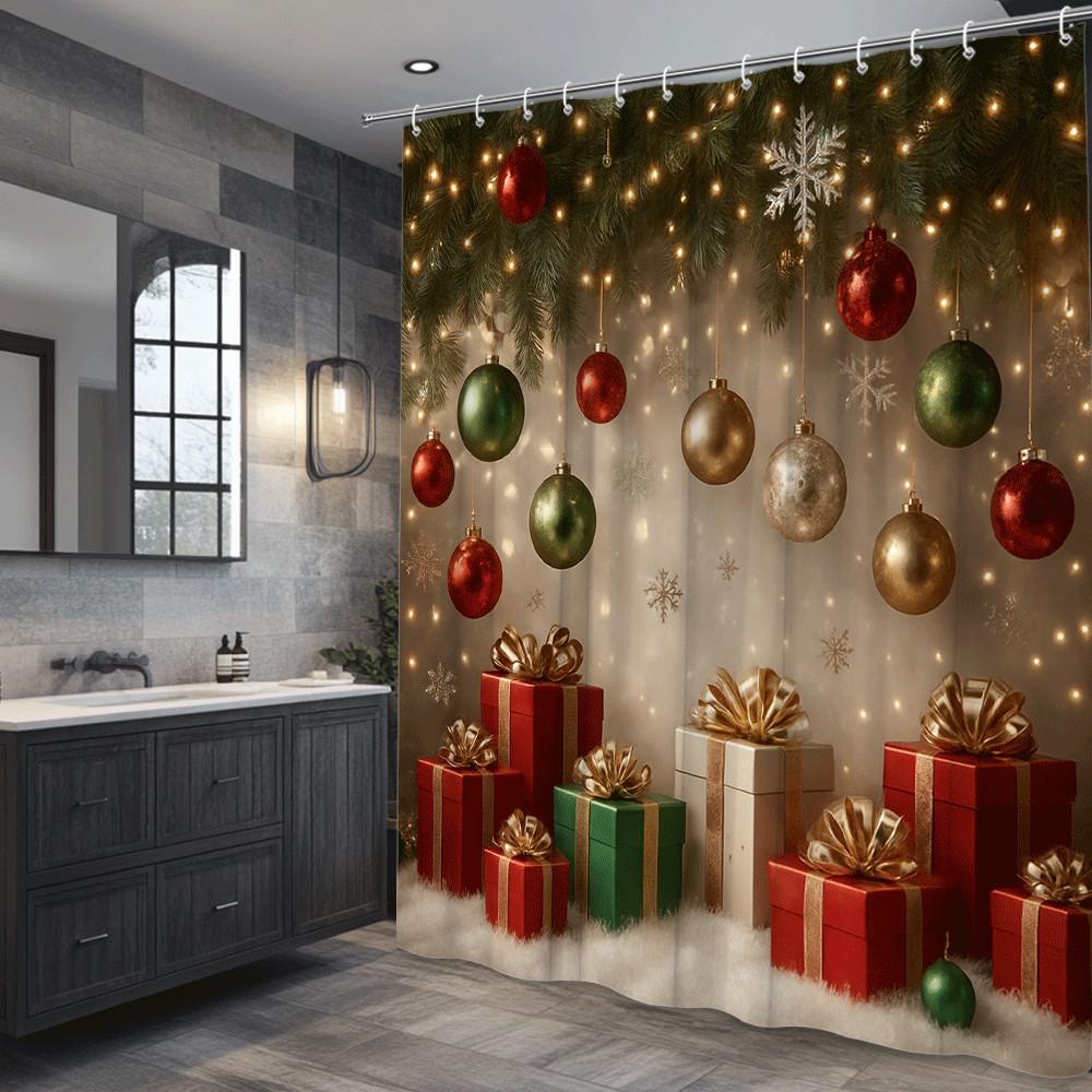Festive Christmas Shower Curtain With Lights Ornaments Gift Boxes Pine Tree Design Waterproof Easy To Install Non-Toxic Material