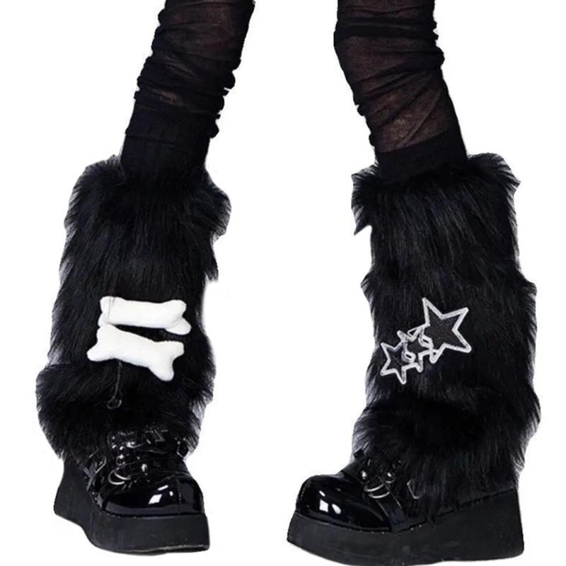 Plush Furry Leg Warmers Socks for Women Girls Sweet Bowknot Star Winter Boot Toppers Leg Covers for Christmas Festivals