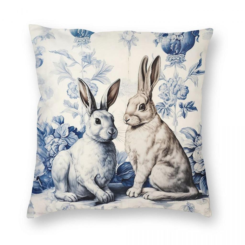 Delft Blue Two Rabbits Flower Square Pillowcase Polyester Linen Velvet Printed Decorative Throw Pillow Case Sofa Cushion Cover