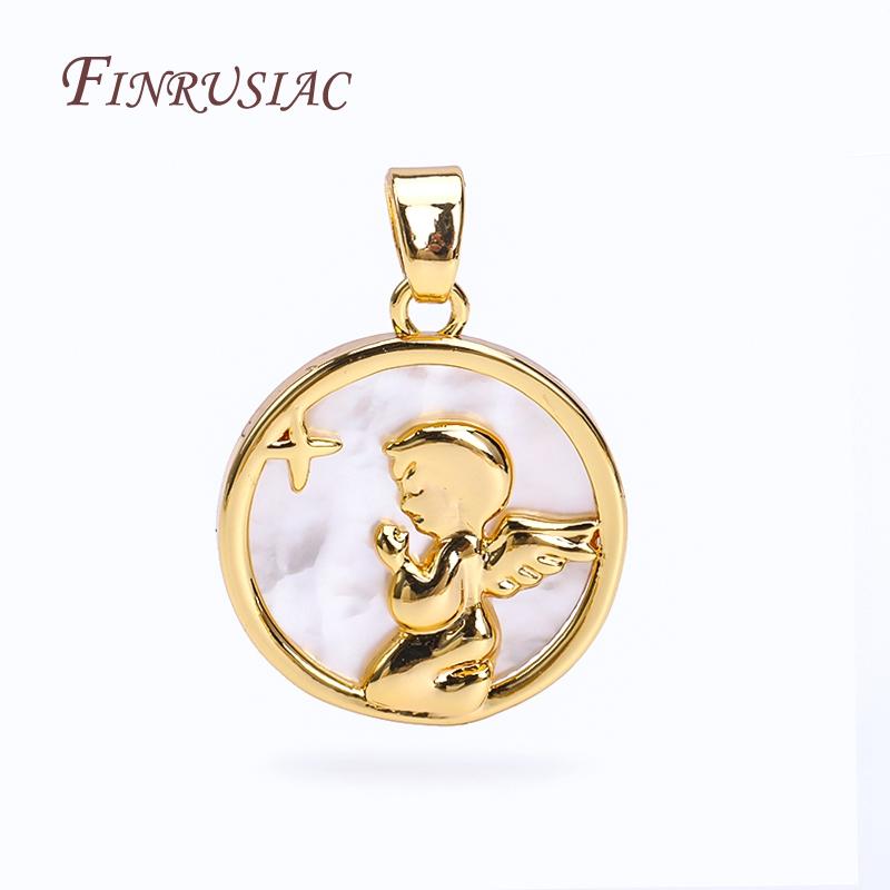 18K Real Gold Plated Natural Shell Round Charms DIY Handmade Jewelry,Angel Praying Suspension Pendant For Necklace Making