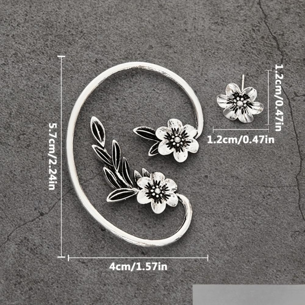 1 Ear Hook and 1 Earring Retro Plant Flower Ear Hook Earrings Female Personality Creative Spirit Ear Bone Clip