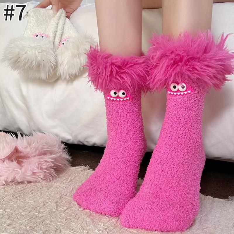 Women Girls Winter Thick Coral Fleece Cartoon Big Mouth Monster Plush Sleep Socks Warm Soft Home Socks