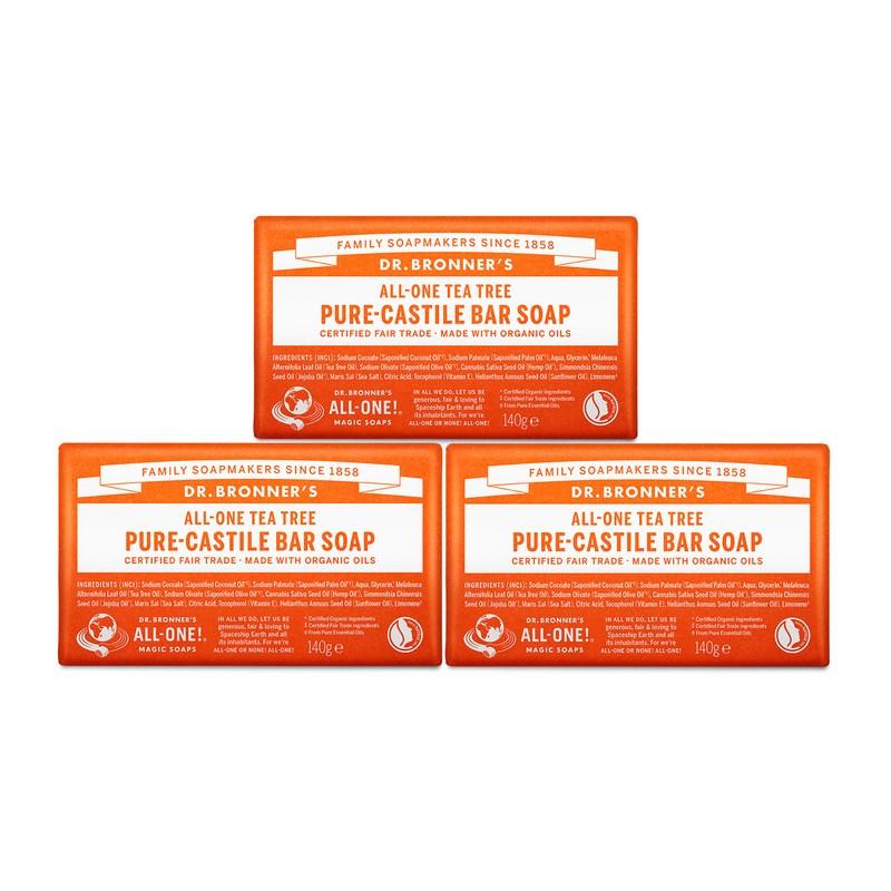 Dr. Bronner's Tea Tree Pure Castile Bar Soap, 140g, 3 pcs