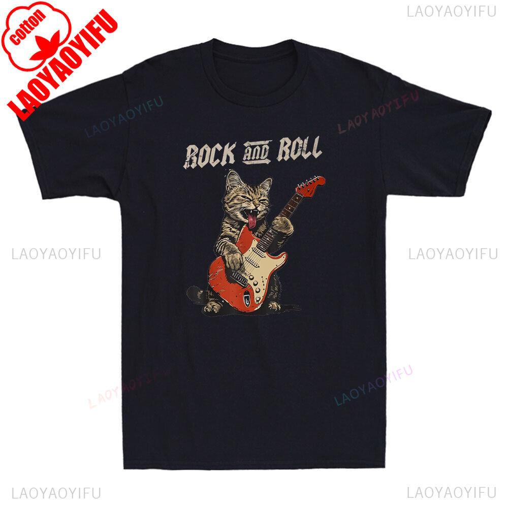 Rock and Roll Guitar Cat Tshirt Funny Cat Playing Guitar Graphic Vintage Mens TShirt Men Summer Crewneck Cotton Short Sleeve