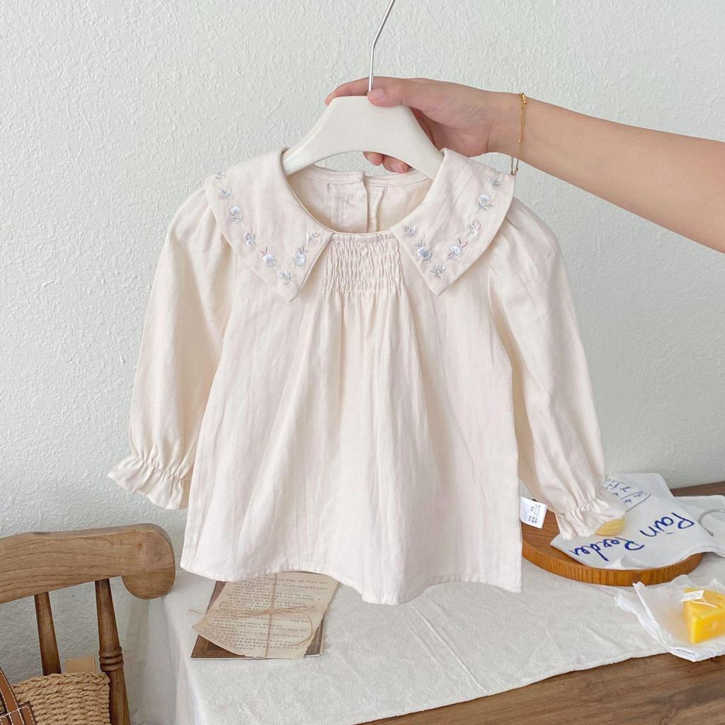 Toddler Girls' Floral Embroidered Peter Pan Collar Long Sleeve Babydoll Shirt - Autumn 2025 Arrival