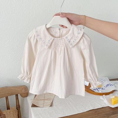 Toddler Girls' Floral Embroidered Peter Pan Collar Long Sleeve Babydoll Shirt - Autumn 2025 Arrival