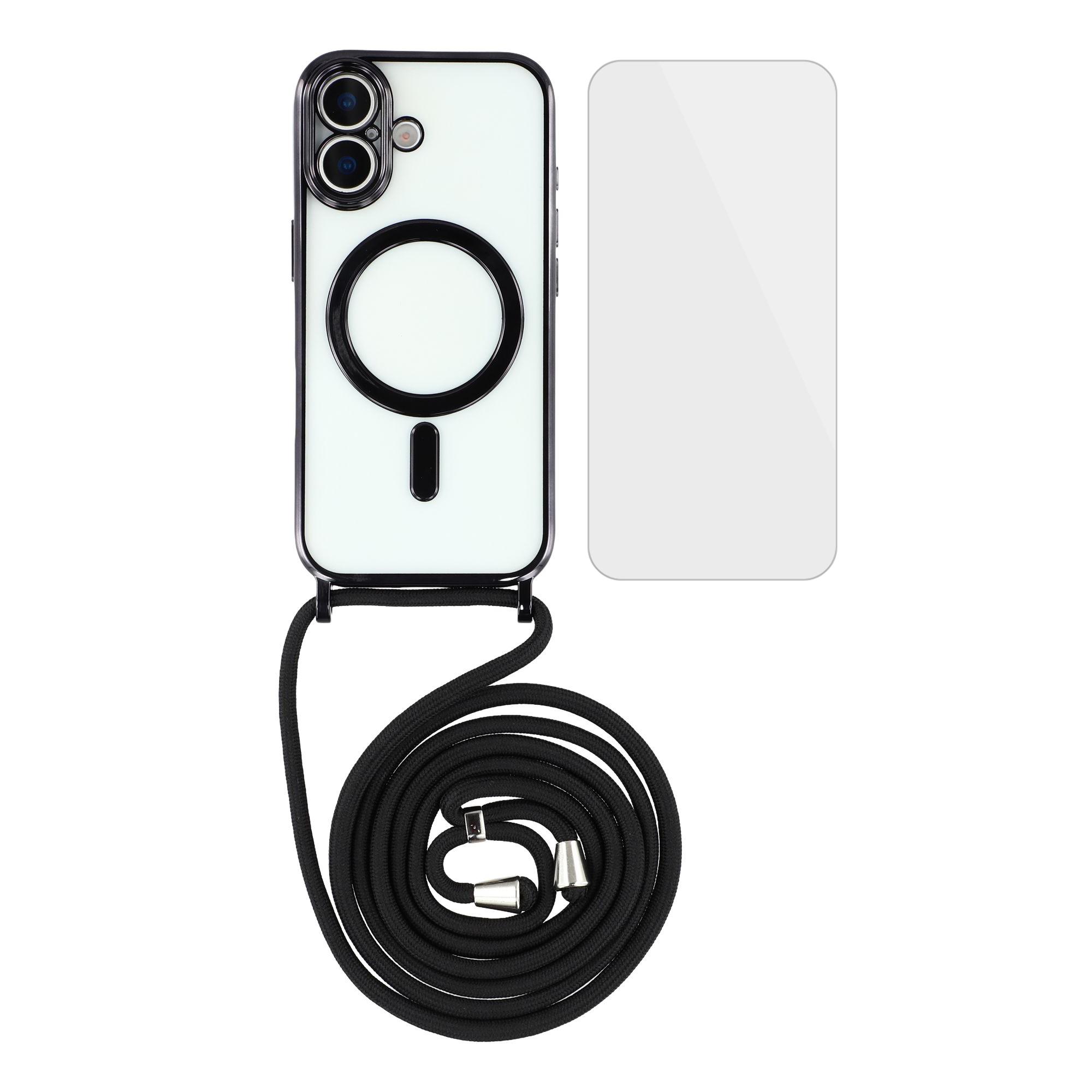 

For iPhone 17 Magnetic Case Electroplating Edge TPU Phone Cover with Screen Film/Shoulder Strap Black
