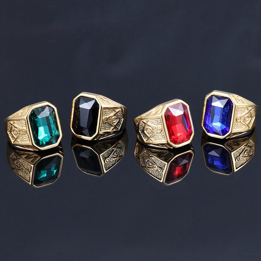 Punk Vintage Masonic Stone Rings for Men Women Party Creative Multi Colored Stainless Steel Letter G Ring Jewelry Gift Wholesale