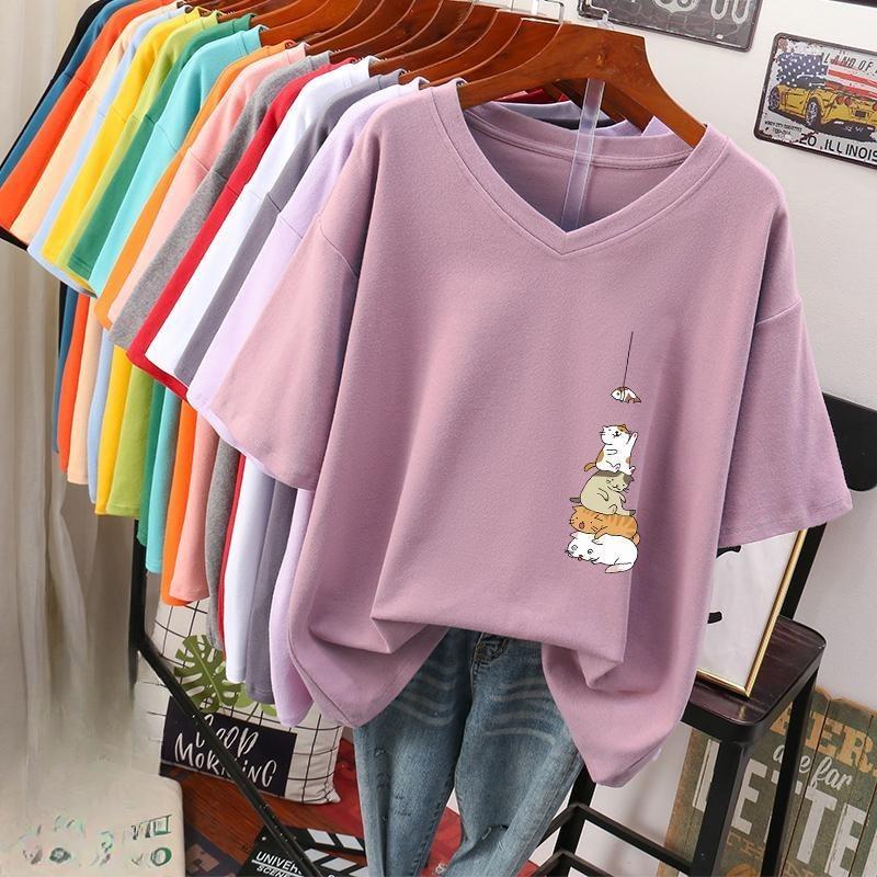 Short-sleeved T-shirt for Women, Large Size, Loose and Slimming, Printed V-neck Top