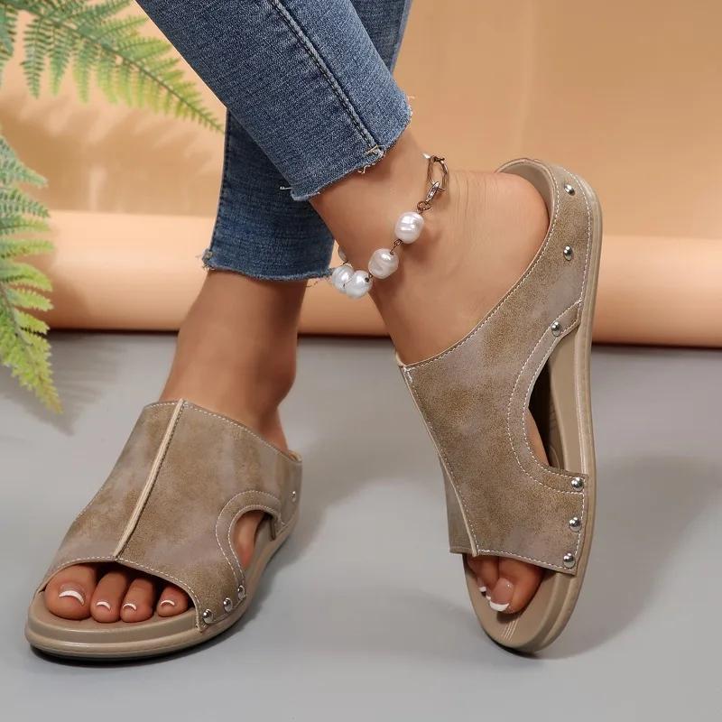 2025 Summer Open Toe Women's Slippers Casual New Plus Size Rivet Best Seller Comfortable High Quality Wedge Slippers