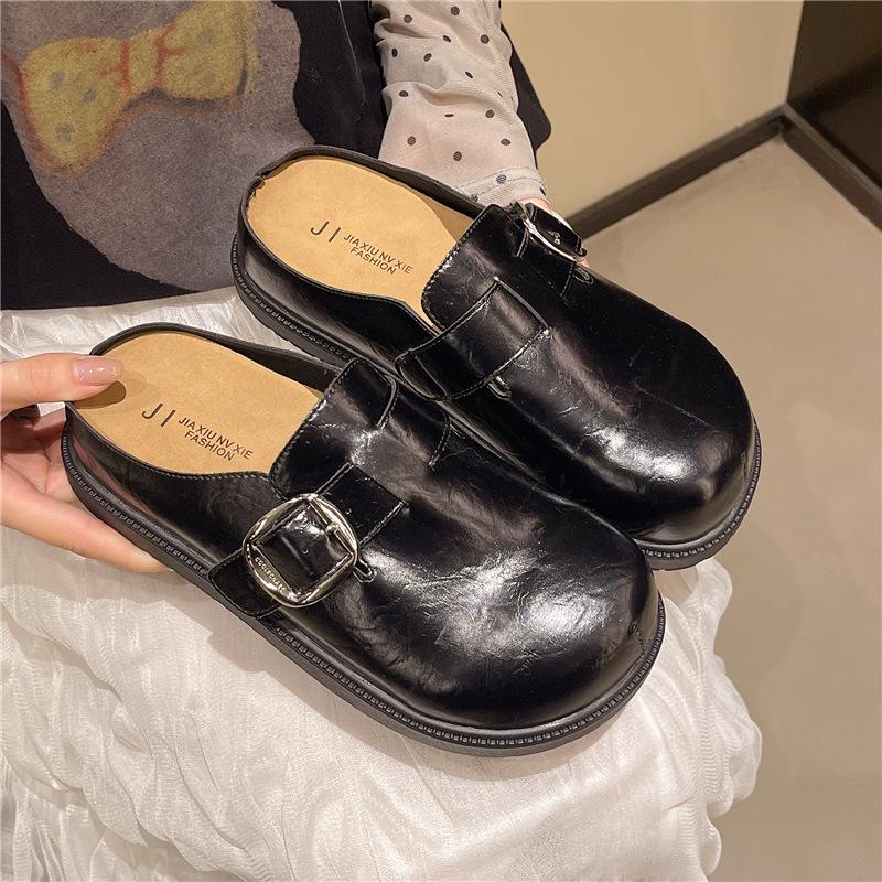Retro style simple belt buckle bag head slippers women's autumn half drag fashion one pedal commuter thick-soled love slippers