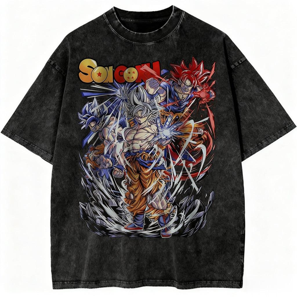 Anime Vintage Washed T Shirt Dragon Ball Men Women Short Sleeve Tee Japanese Graphic Print Streetwear Casual Summer Top Harajuku
